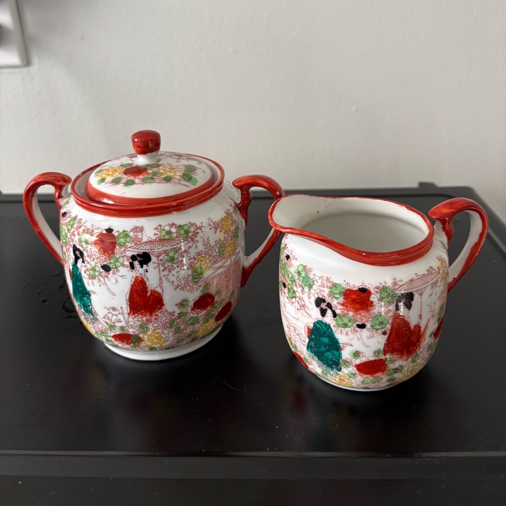 Vintage Japanese Hand Painted Sugar and Creamer Set - Preused